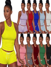 Plus size Summer women vest tank top shorts sports two piece set outfits fitness tracksuit casual designer solid Colour sportswear 4817233