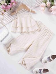 Clothing Sets Cute Princess Style Casual Fashion Set Solid Colour Summer Girl Sling Pants Wave Stripe Sling Pants Two Piece Set WX