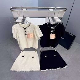 Women's Suits & Blazers Mm Family 24ss New Chest Bow Decoration with Hollow Out Design Collar Lace Top+short Skirt Set