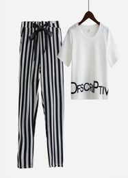 Womens Set Summer White Letter Printed T Shirt Sexy Cropped Tops Striped Pants Calf Length Casual Tracksuit S65347R2758600