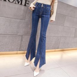 Women's Jeans Blue Button Up Flare Women Ankle Length Denim Trousers Spring Summer Vintage Pants 2024 High Waist Skinny
