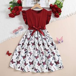 Girl Summer New Red Retro Butterfly Printed Splice Bowknot Dress Vacation Birthday Party Daily Casual Children's Clothing L2405