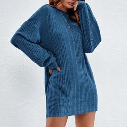 Casual Dresses Women Autumn Knitted Dress Round Neck Oversized Basic Sweater For Robe Winter Knit Warm Party Pullover