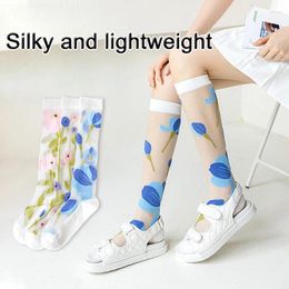 Women Socks Summer Ultra-thin Nylon Long Transparent Thin Floral Print Japanese Kawaii Cute Stockings Sweet Girl Crystal Silk Sock