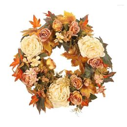 Decorative Flowers Thanksgiving Wreaths For Front Door Flower Wreath 15.75inch Artificial Fall Decor Harvest Maples Leaf Peony
