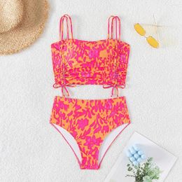 Women's Swimwear Rose Red Print 2 Piece Swimsuit For Women High Waist Drawstring Lace-up Pleated Bikini Summer Beach Vacation Bathing Suit