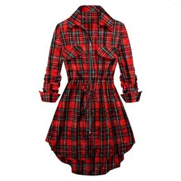 Casual Dresses Women's Vintage Plaid Zip-Up Long Sleeve Mid Length Shirt