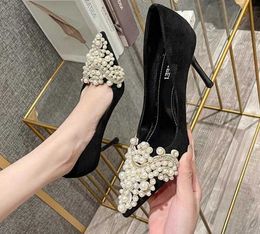 Dress Shoes Women Suede Pearl Buckle Accessories Dress Shoes Black High Heels Designer Evening Party Prom Stiletto Party Wedding Office Pumps Sneaker