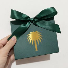 Elegant Green Gift Bag with Matching Ribbon and Exquisite Palm Tree Candy Box for Small Gifts Delights 240517