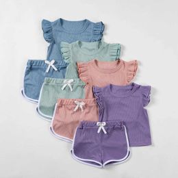 Clothing Sets Summer Baby Solid Color Casual Clothing Set for Preschool Girls Cute Flight Sleeves T-shirt Set for Childrens Casual Clothing WX