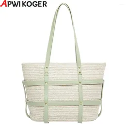 Shoulder Bags Women Straw Tote Handbag PU Patchwork Crochet Beach Large Capacity Minimalist Bag Ladies Summer Daily