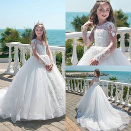 Long Sleeve Princess White Flower Girl Dresses Full Applique Jewel Neck Pageant Dresses Communion Wear Kids Wedding Gowns 242u