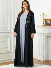 Ethnic Clothing 2024 Saudi Arab Casual Loose Black Floral Beading Draped Open Kimono Abaya Jalabiyat Moroccan Turkish Borka Women