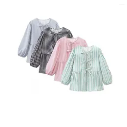 Women's T Shirts Tie Front Ruffle Babydoll Blouse Tops Women Puff Sleeve Peplum Teen Girls Lace Up Cute Oversized Y2K Casual Wear