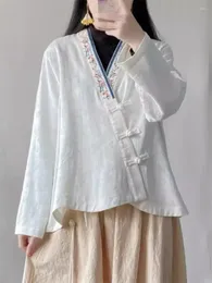 Women's Blouses Chinese Style Slanted Collar Button Cotton Linen Shirt Women 2024 Spring Summer Embroidery V-Neck Improvement Hanfu Top K473