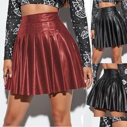 Skirts Womens High Waist Pu Leather Pleated Solid Short Mini Skater Skirt S-2Xl Fashion Clothing Black Red Green Brown Navy Drop Deli Dhrl5