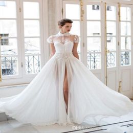 2019 New Classic Riki Dalal Wedding Dresses High Split with High Neck and Short Sleeves Appliques Chiffon With Soft Lining Bridal Gowns 2251