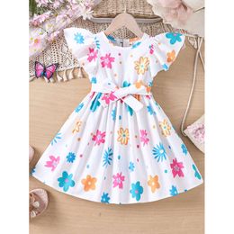 Dziewczyny nowy letni styl wakacji Pełna druk w kwiatowa sukienka + mały latający rękaw kolorowy kwiat swobodna spódnica L2405