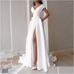 Basic & Casual Dresses Women Formal Dress V-Neck Party White High Waist Side Split Floor-Length With Pockets Elegant Slit Drop Delive Dh3Yy