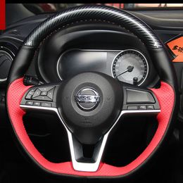 100% Fit For Nissan X-Trail 2017 car Interior DIY Hand-stitched black red nonslip wear resistant Breathable carbon fiber Genuine Leather car steering wheel cover