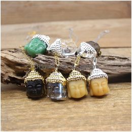 Pendant Necklaces Carve Buddha Head Pendants Chains Natural Crystal Smoky Quartz Aventurine Jades Buddhism Necklace Jewellery Dropship Q Otibq