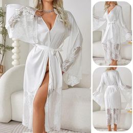 Home Clothing Women Robe Long Elegant Kimono Bathrobe Bride Wedding Gift Dress Lace Patchwork Nightgown Lady Loose Homewear Intimate