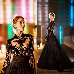 Vintage Gothic Style Black Wedding Dresses 2018 Long Sleeves High Neck Lace Tulle Taffeta A Line Sweep Train Bridal Gowns Robe de marri 229i