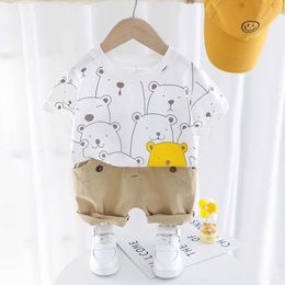 Clothing Sets Toddler Baby Boys Girls Clothing Set Summer Short Sleeve Cartoon Bear T-shirt Khaki Shorts 2 Pieces Children Clothes Outfits Y240515