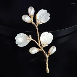 Brooches Simple Natural Shell Flower Branch Brooch Elegant Temperament Cardigan Coat Twig Pin Pearl Corsage Ornament Gift