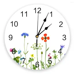 Wall Clocks Plant Wildflower Watercolor Silent Home Cafe Office Decor For Kitchen Art Large 25cm