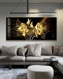 Black Golden Rose Flower Butterfly Abstract Wall Art Canvas Painting Poster Print Horizonta Picture for Living bedRoom Decor 211021260587