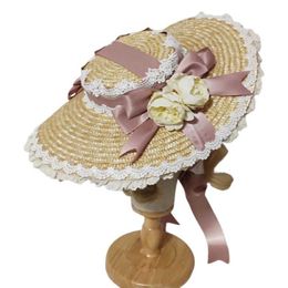 Wide Brim Hats Bucket Hats Lace ribbon bow flat hat role-playing head cute Japanese hat straw hat sun hat hair accessories B240516