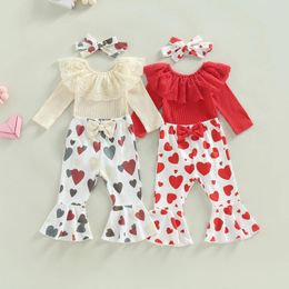Clothing Sets Kids Girls Valentine's Day Suit Long Sleeve Round Neck Lace Romper Tops Casual Bell-Bottoms Pants Headband 3 Pieces Set