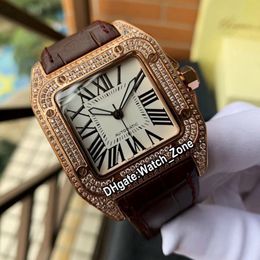 New Steel Case WM502051 Miyota 8215 Automatic Mens Watch White Dial Rose Gold Diamond Case Sapphire Brown Leather Strap Watches Watch Z 203q