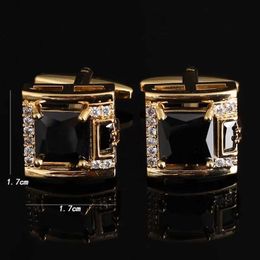 Cuff Links Sturdy square zircon mens cufflinks luxurious shirt set black stone cufflinks gift accessories Q240517