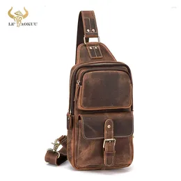 Waist Bags 2024 Genuine Leather Men Unique Travel Triangle Chest Sling Bag Design 8" Tablet One Shoulder Strap Daypack For Male 1315