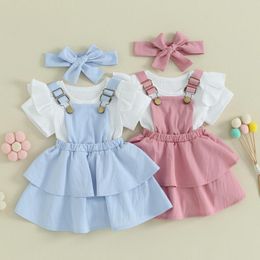 Clothing Sets Infant Baby Girls Summer Clothes Cute Ruffle Short Sleeve Ribbed Romper Layered Suspender Dress Bow Headband 3PCS Outfits