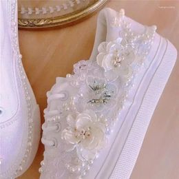 Casual Shoes Korean Version Lace Flat Bottomed Women Round Toe Pearl Flower Platform Canvas Sweet Girl Sports