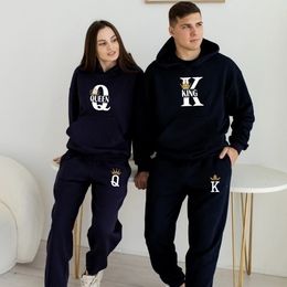 Lovers Couple KING QUEEN Print Hoodie Suits 2 Piece and Pants Men Women Set Tops Classic Fashion Sportwear Outfit 240426