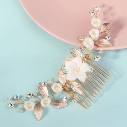 Hair Clips Ceramic Flower Comb Rhinestone Bride Wedding Accessories Insert Handmade Tiara Headdress Party Headwear