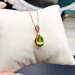 925 Silver Water Drop Gemstone Pendant for Office Woman 6mmx8mm Natural Peridot Necklace Pendant Gold Plated Peridot Jewellery
