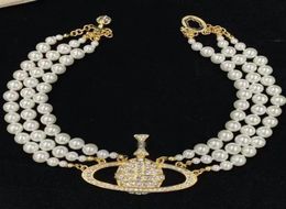 Luxury Fashion Pearl Necklace Premium Retro Three Layer Pearl Shining Saturn Bead Pendant a Gold Silver Two Color5809026