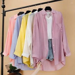 Women's Blouses Summer Long Sleeve Button Shirts Top Korean Style Lady Girls Yellow Blue Pink White Cardigan Holiday Beach Cover-Up