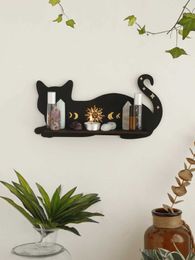 Storage Holders Racks Black Cat Wooden Shelf Moon Phase Chakra Crystal Stone Display Stand Wall Witch Home Decor Gothic Room Bedroom H240516