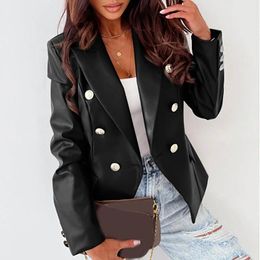 Women's Jackets Autumn And Winter Long Sleeved Double Breasted Fashion Pu Leather Jacket Small Women Business Casual Tops