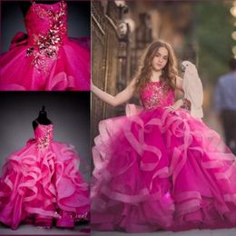 2020 Beautiful Ball Gown Fuchsia Girls Pageant Dresses Little Baby 3D Flower Girl Dresses With Beads Flower Girls Dresses Custom Made 305I