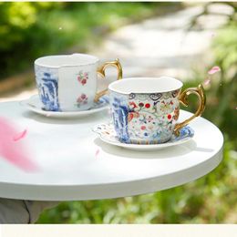 Cups Saucers Chinese Exquisite Retro Light Luxury Irregular Coffee Cup And Saucer With Western Blue White Bucket Colour