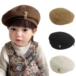 Caps Hats Wool Baby Girl Hat Winter Fall Bear Korean Children Cap for Girls Accessories Vintage Kids Beret Hats Adjustable 2-6Y Y240517