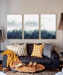 3 Panels Nordic Fog Forest Birds Landscape Canvas Oil Painting Scandinavian Wall Art Poster Prints Picture Living Room Home Decora5231329