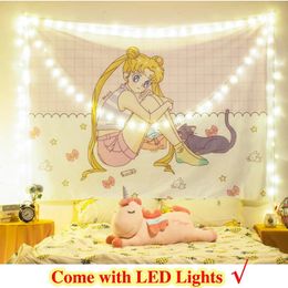Tapestries Girls Room Decor Tapestry Background Cloth LED Light Bedroom Wall Hanging Dormitory Live Bedside